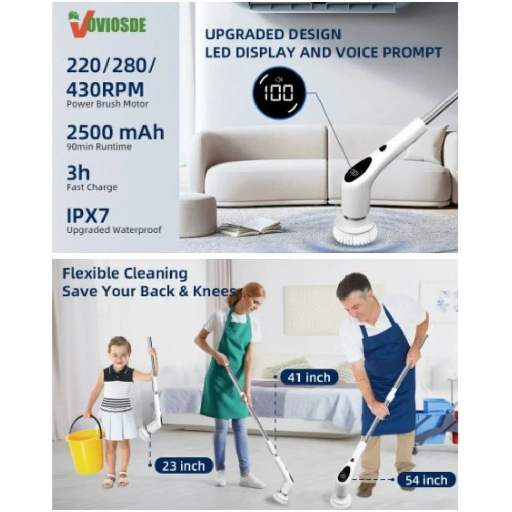 Cordless LED Electric Spin Scrubber/ Voice Prompt/ 3 Speeds/ Extension Arm/ IPX7